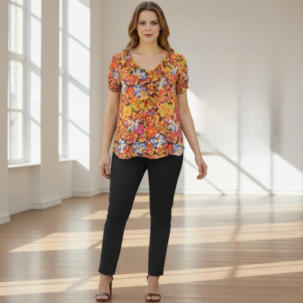 J.Crew Womens Sz XL Orange Multicolor Ruffle Front Floral V-Neck Chic & Stylish